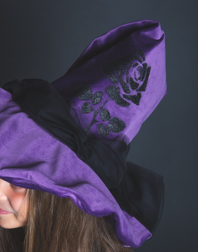 Purple velvet witch hat, wide brim, black rose in sequins, large black tulle bow on the back image 2