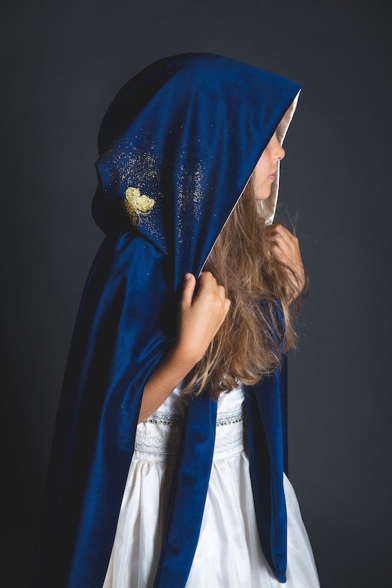 Long blue velvet and ivory satin cape medieval cape princess