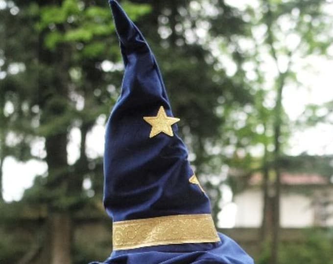 Merlin Wizard Hat for Adults and Kids, Blue Velvet, Gold Trim, Gold Stars, Sorcerer Costume, Medieval Cosplay, Halloween