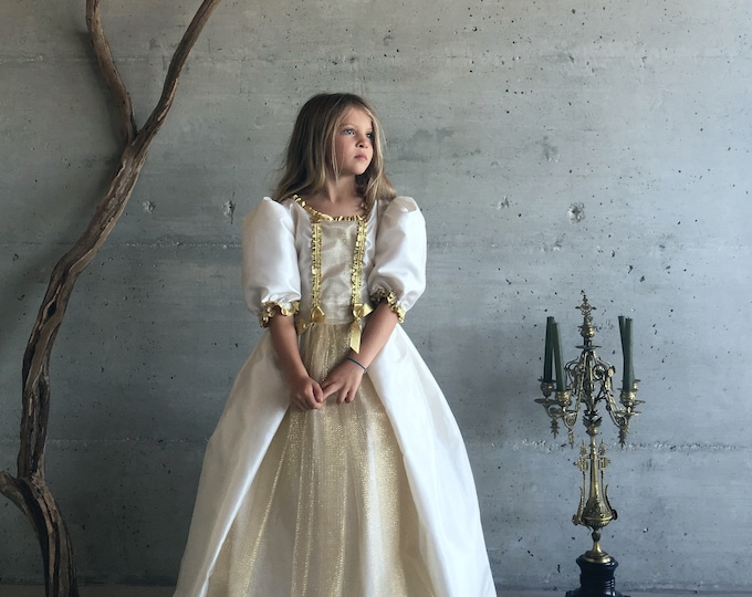 Princess costume, Sun Color dress for girls inspired by Donkey Skin in taffeta and gold tulle, luxury costume for girls