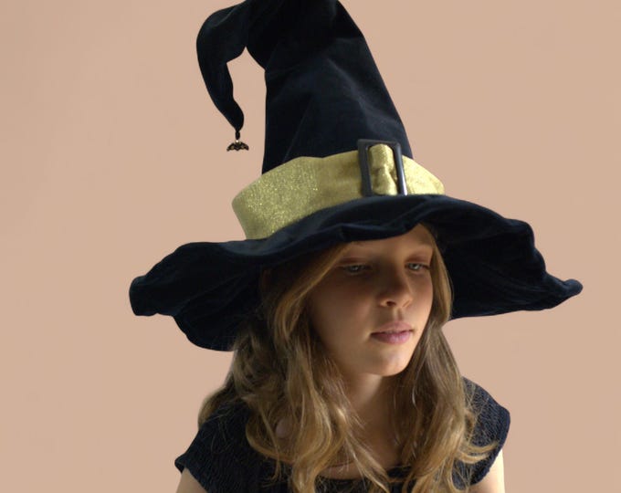 Black Velvet Witch Hat with Gold Tulle – Black Beads and Bat Charm – Ivory Satin Lining – Child or Adult Size