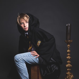 Black Wizard Coat for Kids and Adults – Cotton and Satin – Magic School Robe – Handmade Costume