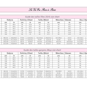 May include: A size chart from "La Vie En Rose &agrave; Paris" for girls and boys, with measurements in inches and centimeters. The chart includes age, height, chest, waist, sleeve, and back measurements.
