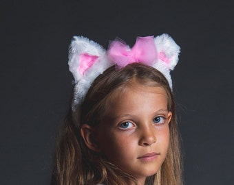 Tutu in pink and white tulle, ears cat headband and cat tail, Marie aristocats costume