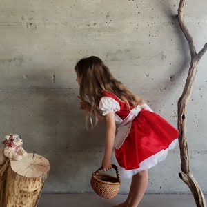 May include: A child dressed in a Little Red Riding Hood costume, featuring a red dress with a white apron and sleeves, and a woven basket. A stuffed bear wearing glasses and a scarf sits on a wooden stump.