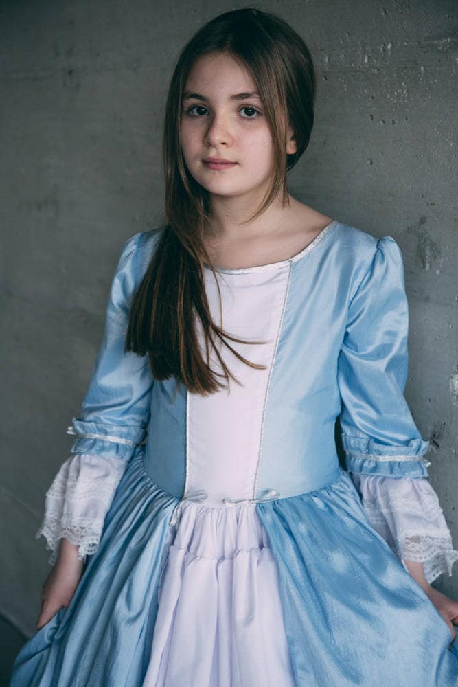 Princess dress in blue taffeta, white cotton and lace, Petite Marquise ...