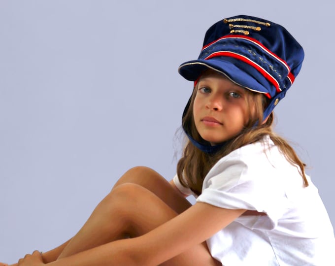 Nutcracker Hat in Blue and Red Velvet with Red Satin Lining – Adjustable Size for Kids or Adults – Costume Accessory