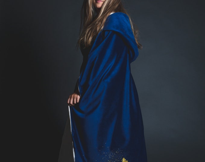 Fairy-tale blue velvet cape with hood – Gold glitter rose and butterfly appliqués