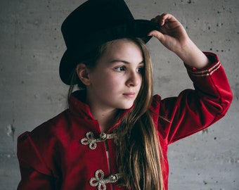 Nutcracker frock coat in red velvet and satin lining, gold frogs