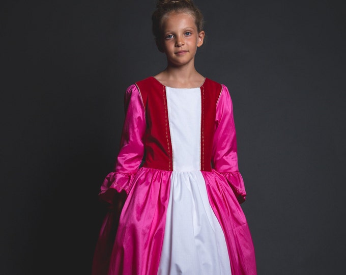 Princess costume, princess dress for girls in pink taffeta and red velvet, Beauty and the Beast model