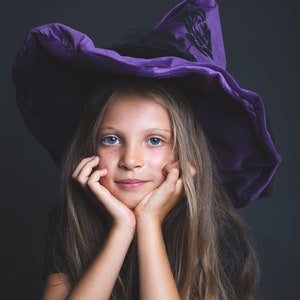 Purple velvet witch hat, wide brim, black rose in sequins, large black tulle bow on the back image 7