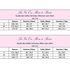 May include: A size chart from "La Vie En Rose &agrave; Paris" in a pink frame. The chart includes measurements in both centimeters and inches for women and men. Measurements include height, chest, waist, and hips for sizes S, M, and L.
