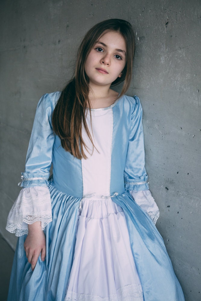 Princess dress in blue taffeta, white cotton and lace, Petite Marquise ...