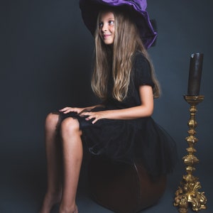 Purple velvet witch hat, wide brim, black rose in sequins, large black tulle bow on the back image 5