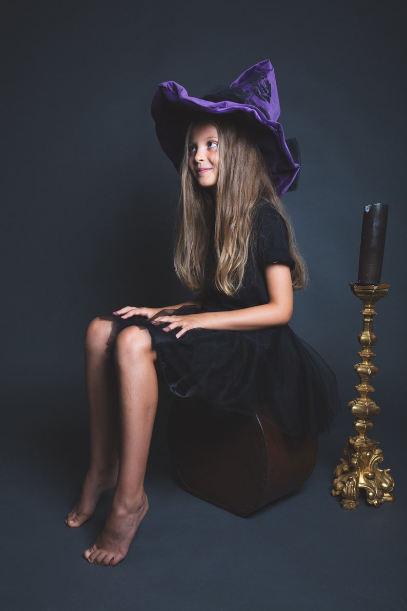 Purple velvet witch hat, wide brim, black rose in sequins, large black tulle bow on the back image 5