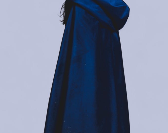 Fairy-tale blue velvet cape with hood – Gold glitter rose and butterfly appliqués