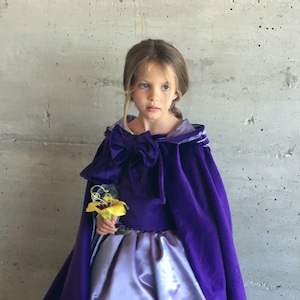 Princess Cape for Girls – Purple Velvet with Lilac Satin Lining – Glitter Tulle Trim and Decorative Bow