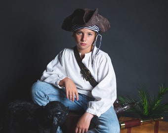 Tricorne pirate enfant, suédine et tissu marinière