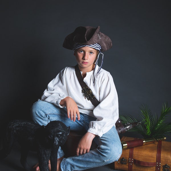 Tricorne pirate enfant, suédine et tissu marinière