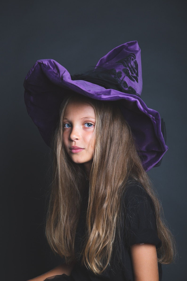 Purple velvet witch hat, wide brim, black rose in sequins, large black tulle bow on the back image 1