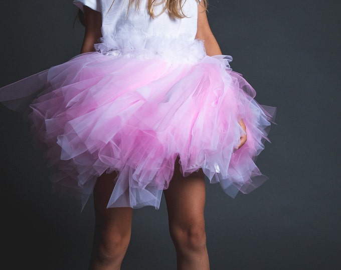 Tutu in pink and white tulle, ears cat headband and cat tail, Marie aristocats costume