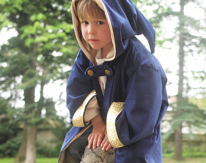 Merlin the wizard luxury coat, blue velvet and ivory satin, children and adult