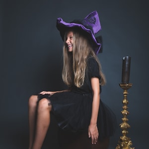 Purple velvet witch hat, wide brim, black rose in sequins, large black tulle bow on the back image 6