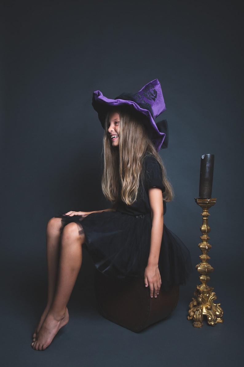 Purple velvet witch hat, wide brim, black rose in sequins, large black tulle bow on the back image 6