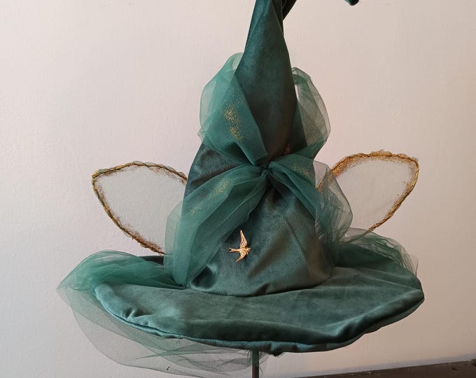 Sleeping Beauty Fairy Fauna Hat in Green Velvet and Tulle – Golden Swallow Detail, Ivory Satin Lining, Adult adjustable size