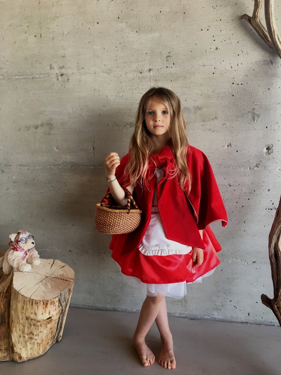 Déguisement Petit Chaperon Rouge fait main – Robe et cape en velours, satin et coton – Costume enfant de conte