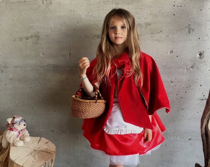 Little Red Riding Hood costume, dress and cape set in red velvet, satin and cotton