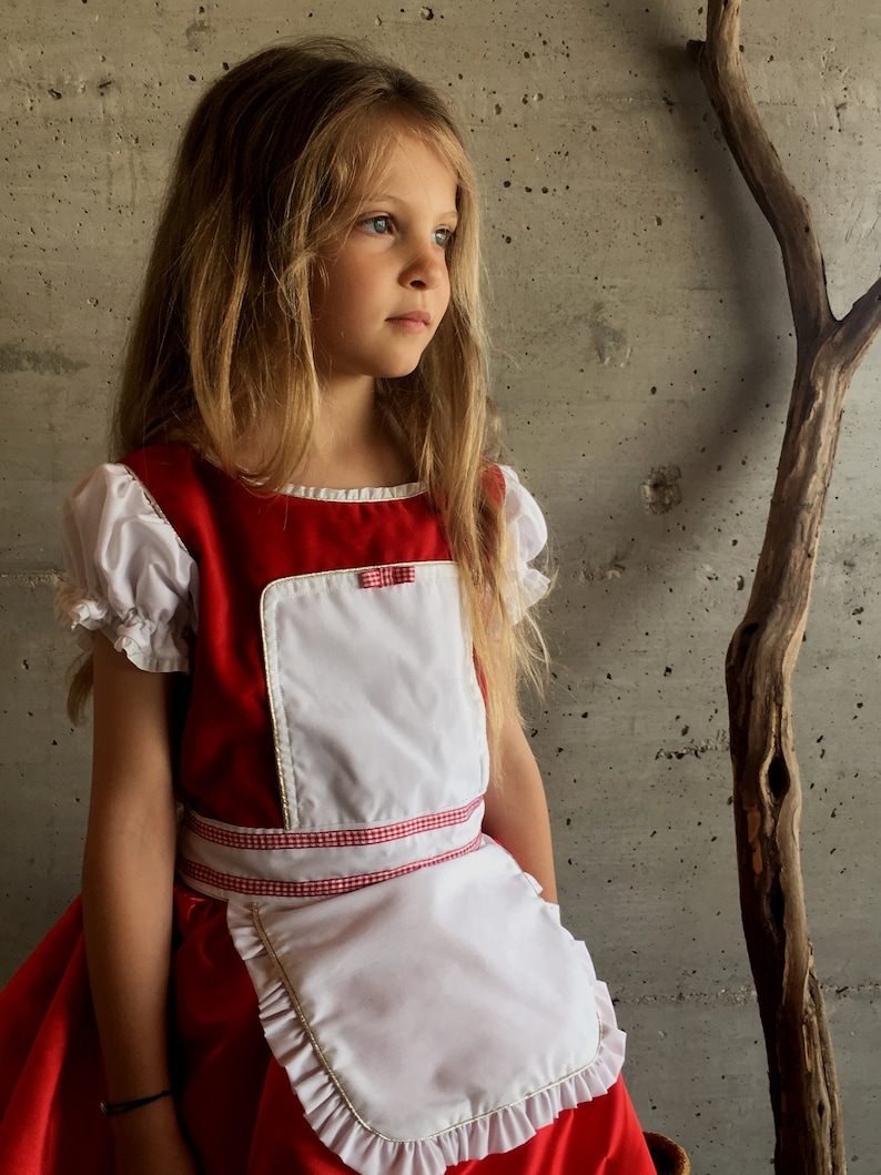 May include: A red and white dress with a matching apron. The dress has short, puffy sleeves and a square neckline. The apron is white with a ruffled edge and a gold trim. A red and white checkered ribbon accents the waist.