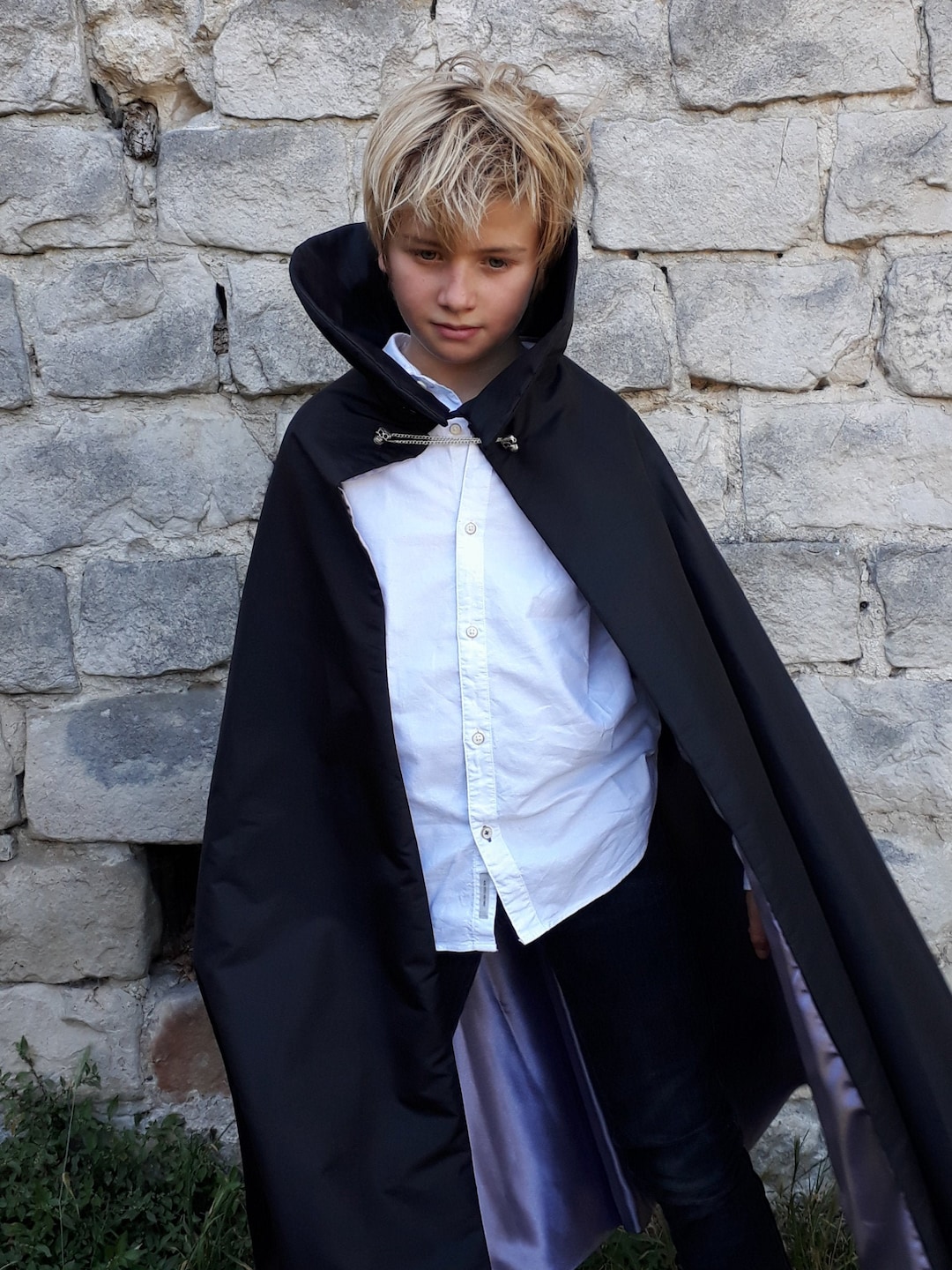 Dracula Cape Black – High Collar, Skull Button and Mauve Satin