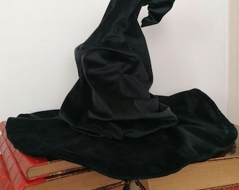 Black Velvet Wizard Hat for Adults and Kids, Ivory Satin Lining, Wide Brim, Halloween Costume, Sorcerer Cosplay, Adjustable Fit