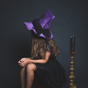 Purple velvet witch hat, wide brim, black rose in sequins, large black tulle bow on the back image 8