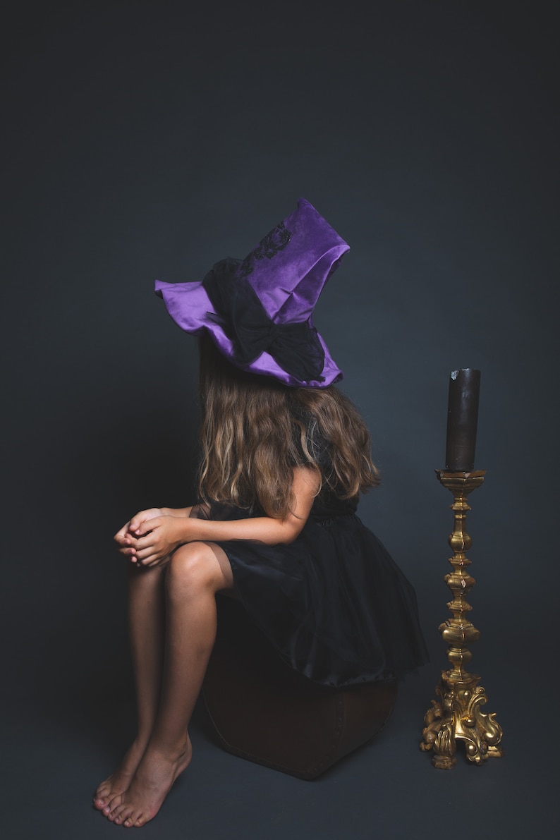 Purple velvet witch hat, wide brim, black rose in sequins, large black tulle bow on the back image 8