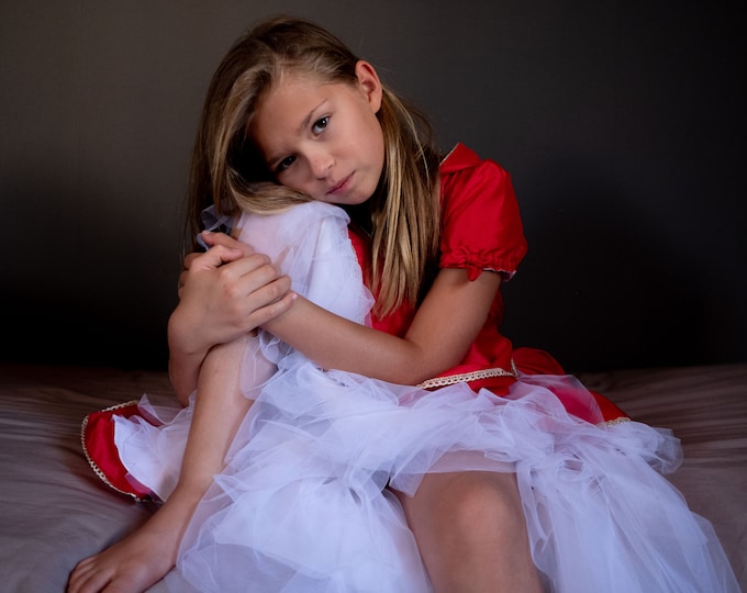 Red taffeta and white tulle Christmas dress for girls