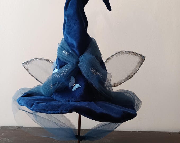 Fairy Godmother Merryweather Hat – Adult Costume, Blue Velvet and Silver Glitter Tulle, Adjustable