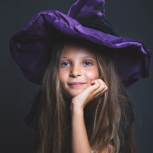 Purple velvet witch hat, wide brim, black rose in sequins, large black tulle bow on the back image 4