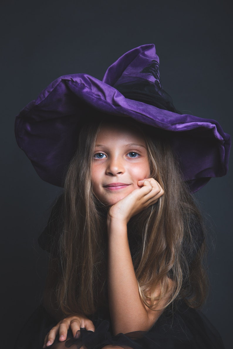 Purple velvet witch hat, wide brim, black rose in sequins, large black tulle bow on the back image 4