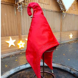 Chapeau de lutin de Noël rouge avec grelots – Velours & satin – Taille réglable – Pour enfant et adulte
