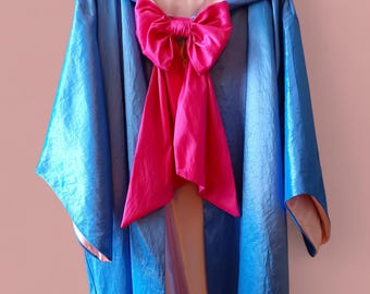 Fairy Godmother Hooded Cape – Blue & Pink Satin Cloak with Fuchsia Bow – Princess Costume for Adults
