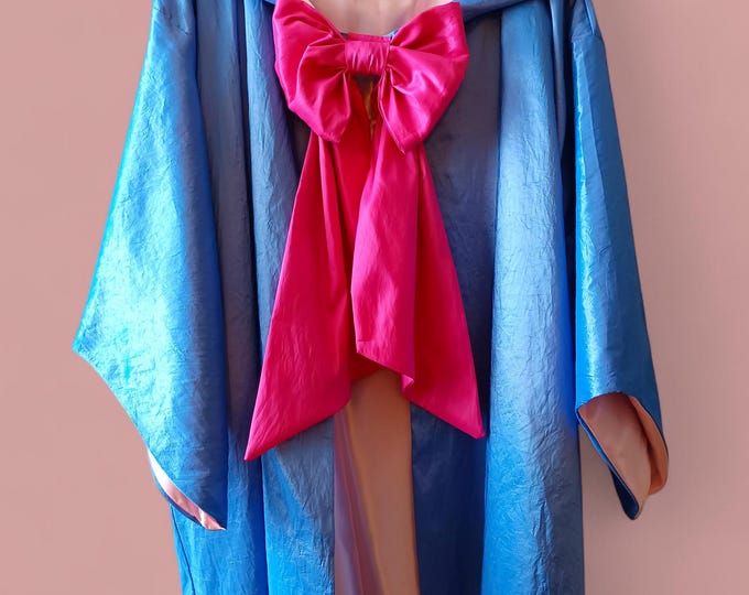 Fairy Godmother Hooded Cape – Blue Taffeta & Pink Satin Cloak with Fuchsia Bow – Princess Costume for Kids and Adults