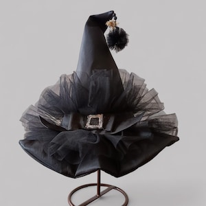 Black Witch Hat in Taffeta and Tulle, Silver Glitter Broom, Tulle Pompon abd Beads, Adult or Child Size – Elegant Halloween Costume image 2