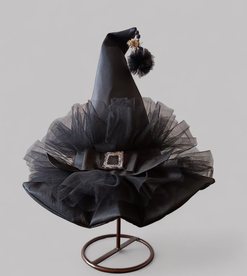 Black Witch Hat in Taffeta and Tulle, Silver Glitter Broom, Tulle Pompon abd Beads, Adult or Child Size – Elegant Halloween Costume image 2
