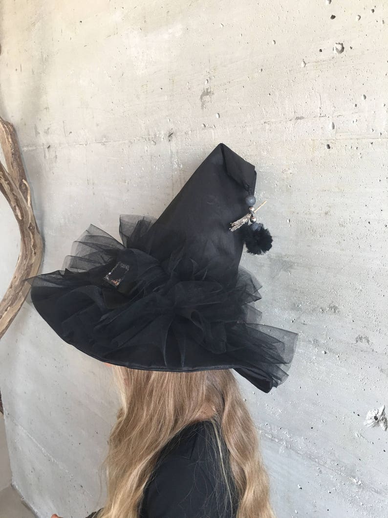 Mini silver broom witch hat and tulle pompom image 2