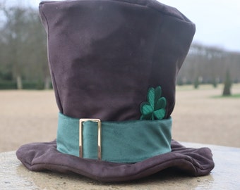 St. Patrick’s Leprechaun Hat, Adult and Child, Green Suede & Velvet, Adjustable, Shamrock Patch or Rhinestone Brooch, Irish Costume