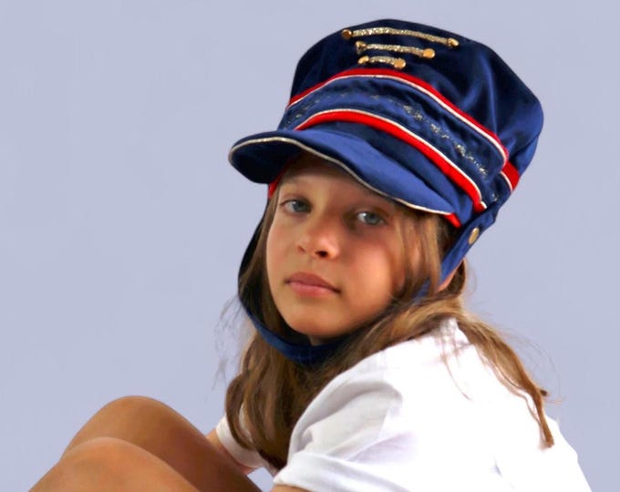 Nutcracker Hat in Blue and Red Velvet with Red Satin Lining – Adjustable Size for Kids or Adults – Costume Accessory