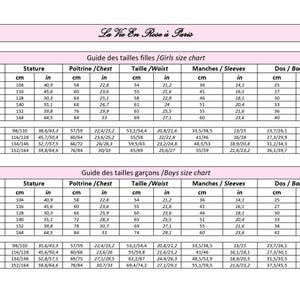 May include: A size chart from "La Vie En Rose &agrave; Paris" for girls and boys, with measurements in centimetres and inches. The chart includes age, height, chest, waist, sleeve, and back measurements.