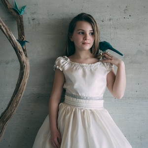 Ivory taffeta princess dress for girls with silver embroidery and rhinestones – Cotton lining